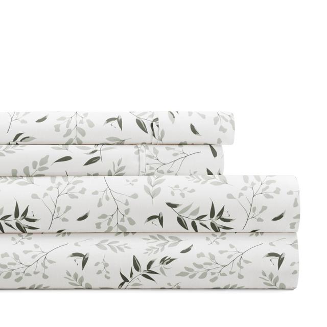 Delicate Blossoms Floral Patterned Ultra-Soft 4 Piece Bed Sheet Set - Becky Cameron, Tossed Foliage Eucalyptus, Queen