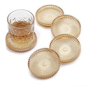Modern Clear Coaster Set of 5- Glass Coasters for Drinks Crystal Coasters Round Cup Coasters Coffee Table Decor for Office, Kitchen, Bar, Dining Room, Living Room, Patio(Amber)