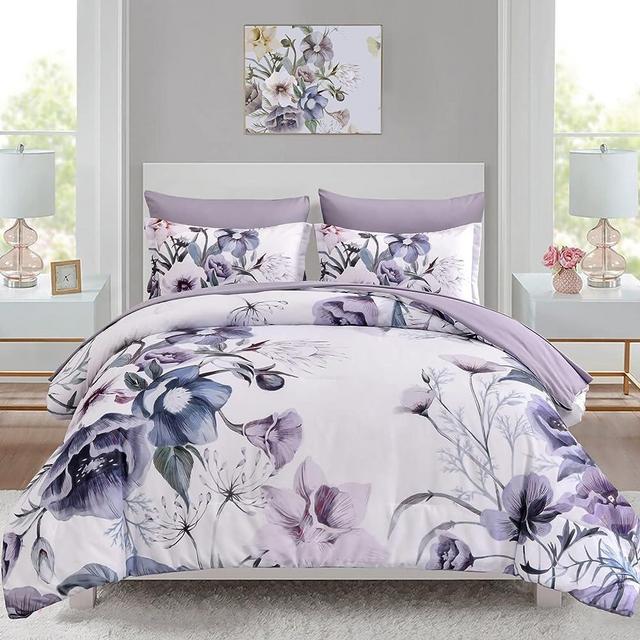 Luxudecor Floral Comforter Set Queen Size 7 Piece, Purple Flower Bed in a Bag, Elegant Floral Comforter with Sheet Set, Soft Microfiber Bedding Set for All Season (Purple, 90"x90")