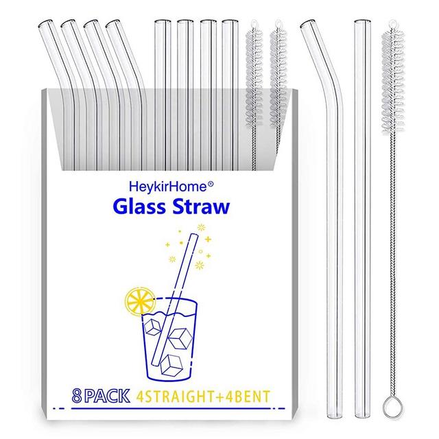HeykirHome 8-Pack Reusable Glass Straw,Size 8''x10 MM,Including 4 Straight and 4 Bent with 2 Cleaning Brush- Perfect for Smoothies, Tea, Juice
