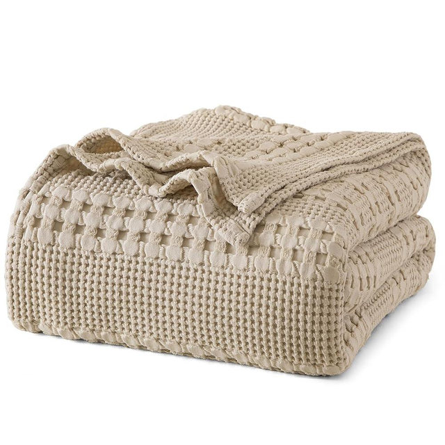 PHF 100% Cotton Waffle Weave Blanket Queen Size, Lightweight Washed Cotton Blanket for Spring & Summer - 90"x90" Aesthetic Soft Woven and Breathable Blanket for Bed Sofa Home Decor - Simply Taupe
