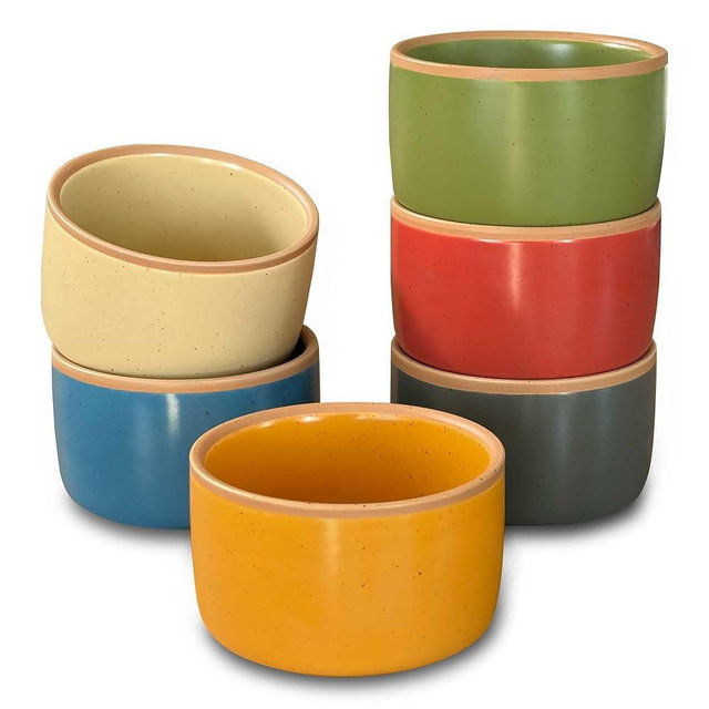 Mora Ceramic Ramekins - 6oz, Set of 6 - Small Oven Safe Baking Dishes/Cups - For Personal Pudding, Creme Brulee, Souffle, Serving Dip, Custard, Ice Cream - Single Mini Bowls - Artisan Colors