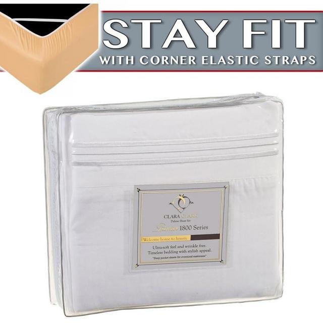 Clara Clark 1800 Series Bed Sheet Sets - Stay fit on Mattress with Elastic Straps at Corners - King, White