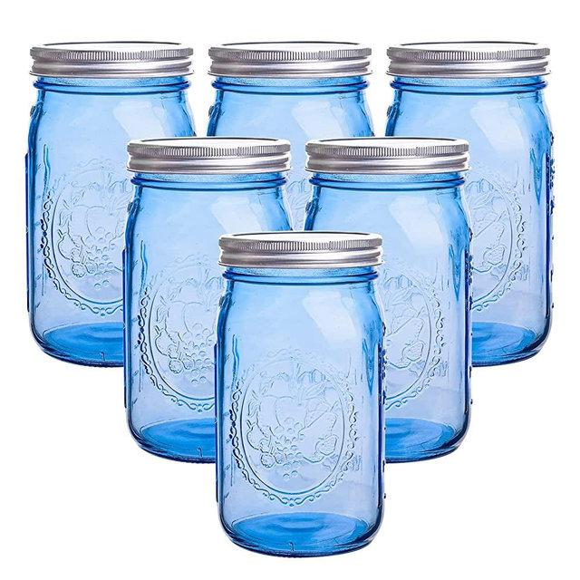 Eleganttime Blue Wide Mouth Mason Jars 32 oz,6 Pack Colored Quart Glass Canning Jars with Airtight Lids for Canning,Pickling,Storage,DIY Crafts & Décor