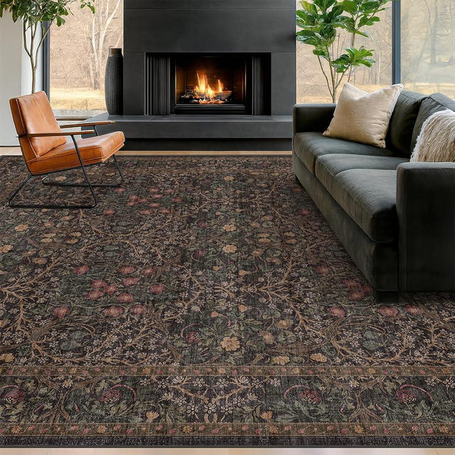 Vintage Dark Brown Washable Living Room Rug 8x10, Non-Slip Large Area Rugs for Dining Room Under Table, Bedroom, Black Brown Deep Olive Taupe Espresso Accent Floral Carpet, Low Pile Stain Resistant