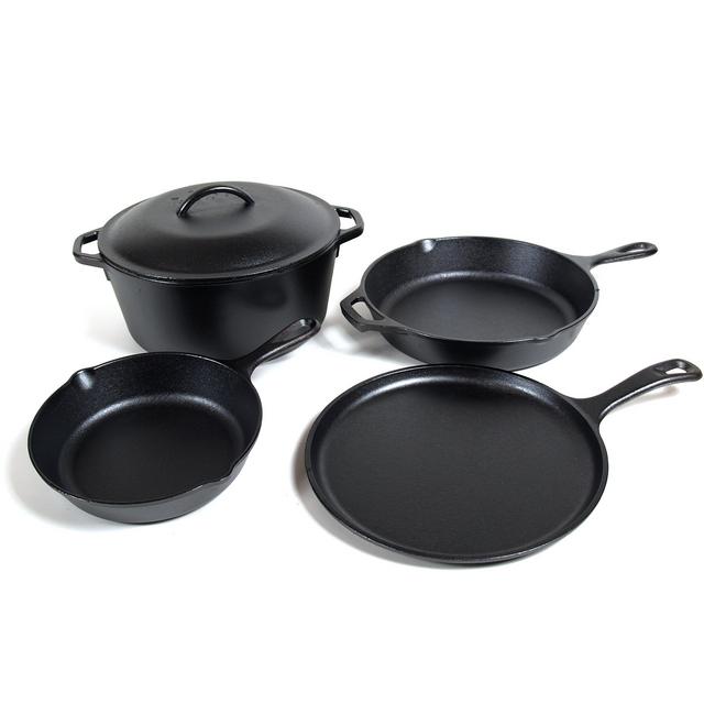 Lodge Seasoned Cast Iron 5 Piece Bundle. 10.5&quot; Griddle, 8&quot; Skillet, 10.25&quot; Skillet, 10.25&quot; Dutch Oven, and 10.25&quot; Lid