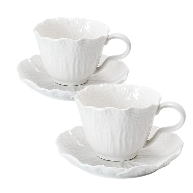 KAITOER 2 Pack White Ceramic Cups and Saucers Coffee Cups with Cabbage Floral Design 200ml (7 oz) Tea Cups for Espresso, Latte, Porcelain Mugs