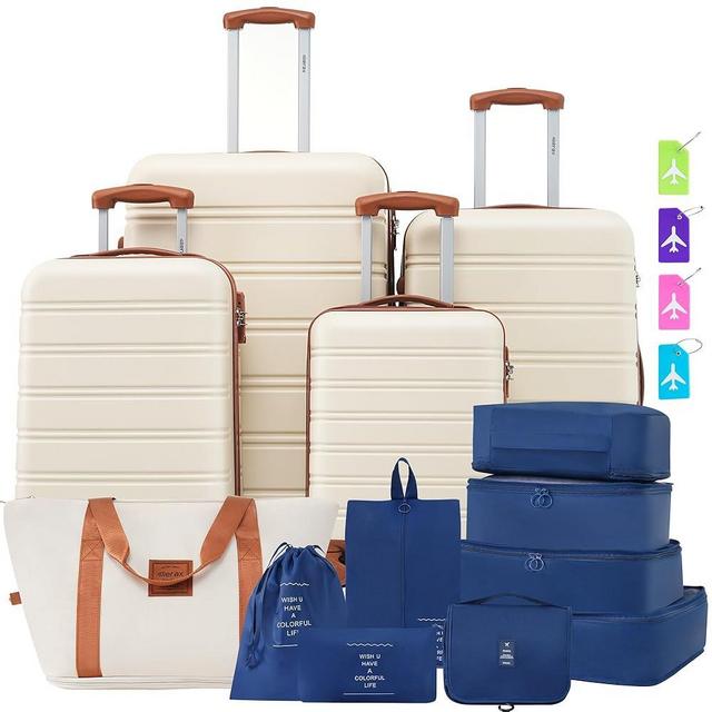Merax Luggage Sets 13 Piece Suitcase Set 16/20/24/28 IN,Carry on Luggage and Travel Bag TSA Lock Expandable,Hard Case Luggage with Spinner Wheels,White and Brown