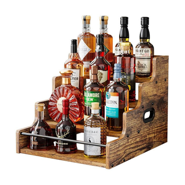 KLM Liquor Bottle Display Shelf, Coffee Syrup Rack Organizer, 4 Step Countertop Liquor Wine Rack, mini bar,liquor cabinet, Home Retro Bar Shelf Stand for Liquor Whiskey, (Brown)