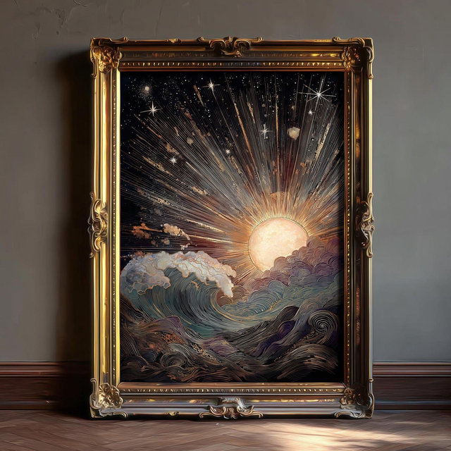 Cosmic Dawn – Sun and Stars Wall Art Print | Boho Celestial Decor, Framed Print