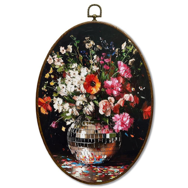 JQF Maximalist Funky Floral Disco Ball Oval Wall Decor, Dark Cottagecore Moody Flower Oval Canvas Wall Art, Eclectic Wildflower Framed Prints Hanging Decor for Home Bedroom Living Room, 8.5x11.5 Inch