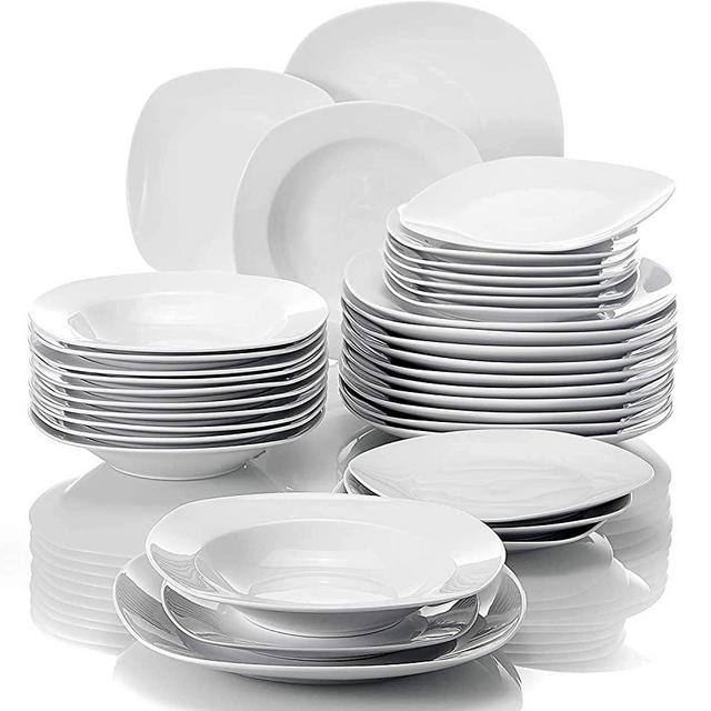 MALACASA Porcelain White Dinnerware Set,36-Piece Square Dinner Sets with Dinner Plates Dessert Plates and Soup Plates,Service for 12, Series Elisa