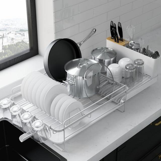 Kitsure Large Dish Drying Rack - Extendable Dish Rack, Multifunctional Dish Rack for Kitchen Counter, Anti-Rust Drying Dish Rack with Cutlery & Cup Holders 27" L x 12.9" W,White