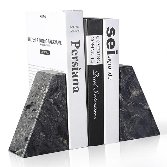 Karibiber Marble Bookends for Heavy Books, Decorative Book Ends for Shelves, Titanium Black Stone Durable and Heavy-Duty Book Ends for Hardback Books & CDS, Unique Book Stopper & Holder, Set of 2