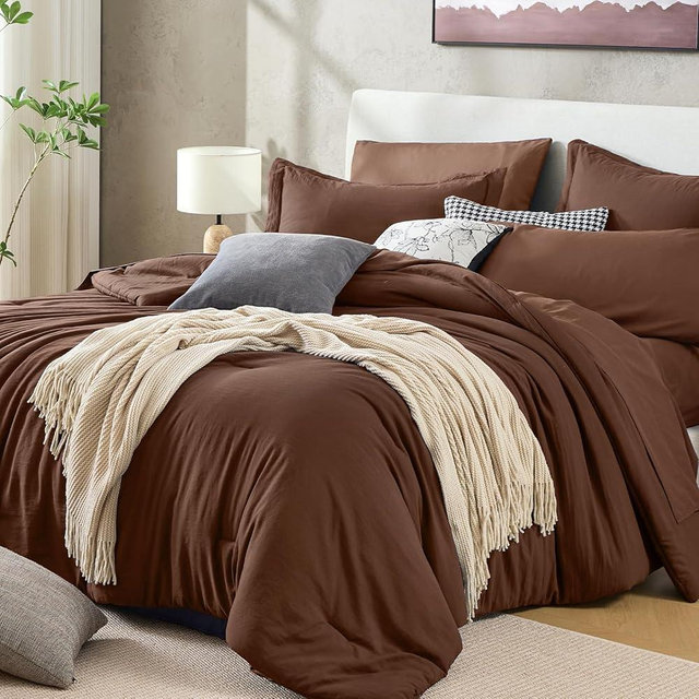 Sasttie Queen Comforter Set 7-Piece Dark Brown, Pre-Washed Crinkled Texture Bed in a Bag Queen with Ultra Soft Brushed Sheets, Aesthetic Fluffy Bedding Set for All Seasons