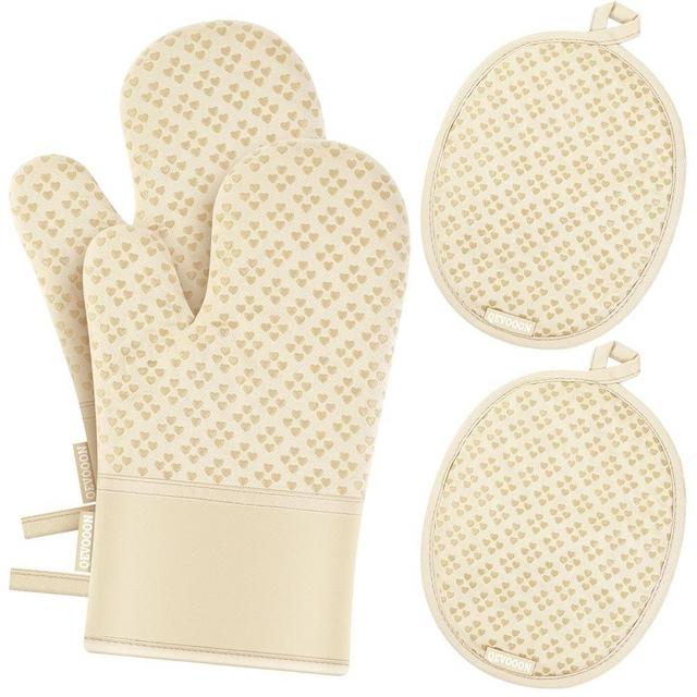 Oven Mitts and Pot Holders 4 Sets, Heat Resistant 500 ℉ Oven Mitt and Pot Holder, Oven Glove&Potholders with Non-Slip Silicone Surface,Kitchen Essentials for Cooking/Baking/BBQ-Beige