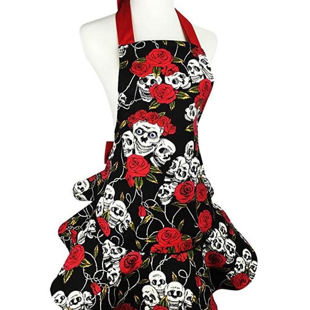 Floosum Lovely Black Retro Floral Skull Aprons Cotton Canvas Cooking Salon Pinafore Apron Dress Halloween