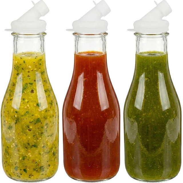 kitchentoolz 3 Pack – 32oz Tall Glass Salad Dressing Shaker Bottles – Salad Dressing Dispenser Containers for Marinades, Sauces, and Oil Blends with Tamper-Proof Lids