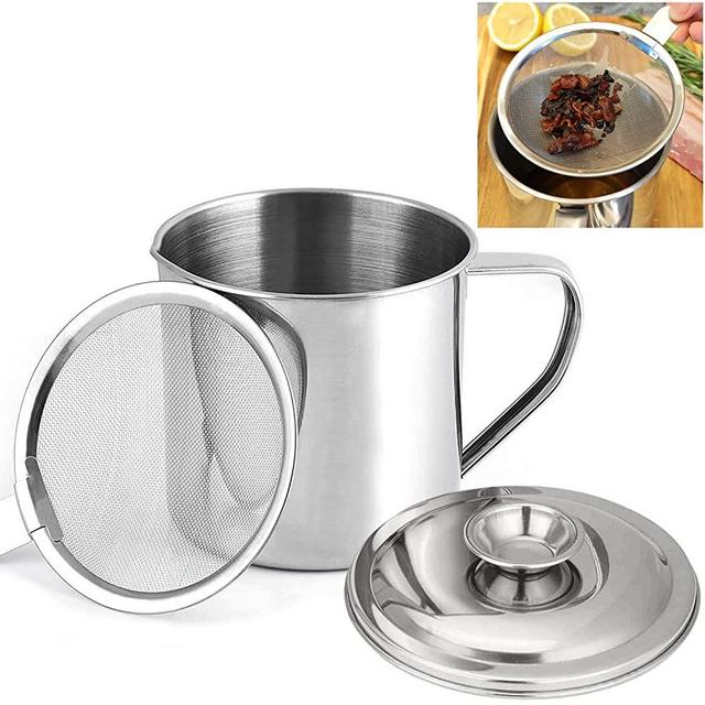 KEISSCO Bacon Grease Container with Strainer, Stainless Steel Oil Storage Can Container with Fine Mesh Strainer Fat Container Pot with Filter Screen, 1.25 QT / 5 Cups Grease Keeper Cooking Oil Keeper