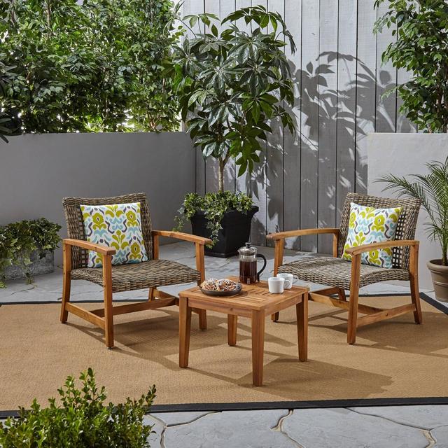 3pc Hampton Wood and Wicker Patio Club Chairs and Side Table Set Natural - Christopher Knight Home