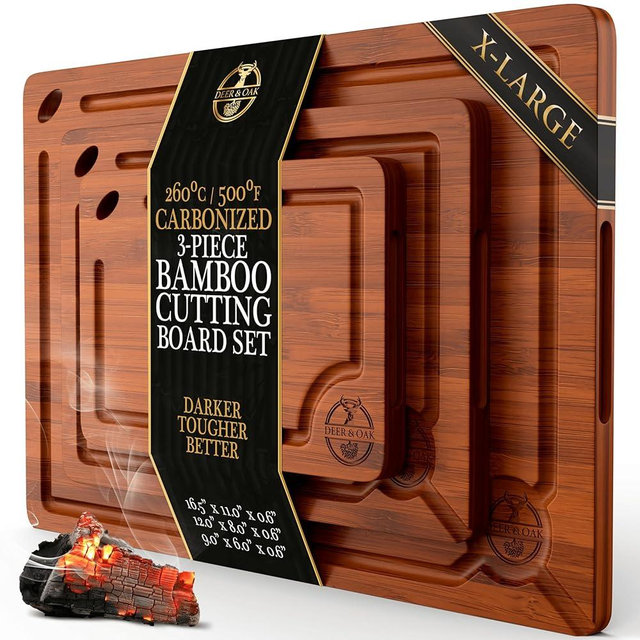 Pre-Oiled, Non Toxic 3-Piece Carbonized Bamboo Cutting Board Set, Eco-Friendly Wooden Chopping Boards for Kitchen with Hanging Hole, 500°F Carbonized Technology Charcuterie Serving Boards Deer & Oak