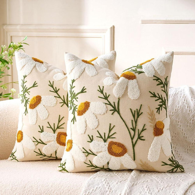 Embroidered Throw Pillow Covers Boho Farmhouse Daisy Tufted Pillow Covers Floral Decorative Couch Pillowcases 16x16 Cottagecore Square Cushion Cover Set of 2 for Living Room Couch Sofa Bed Home Decor