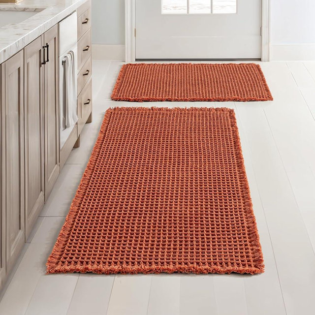 MIULEE Fall Orange Set of 2 Waffle Bathroom Rugs, Boho Bath Rugs Non Slip Washable, Super Absorbent Bath Mats, Ultra Soft Rubber Backed Shower Mats for Bathroom Floor, Tub, 17"x24"+20"x32"