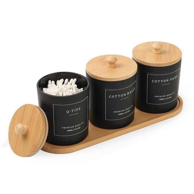 3 Pack Qtip Holder - Bathroom Organizers and Storage, Cotton Round Pad Dispenser Floss Pick Holder with Tray, Glass Apothecary Jars with Lids, Cotton Ball Container - Black