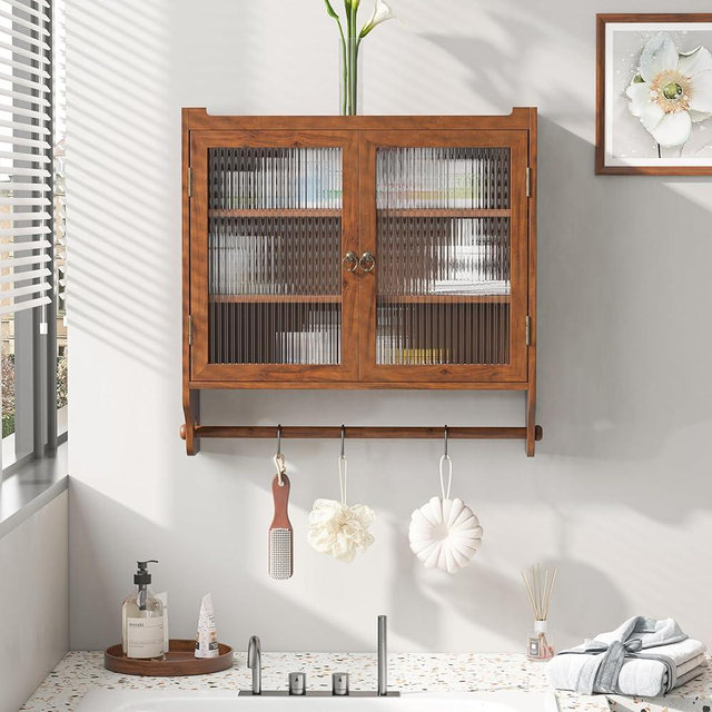 SABAITEC Retro Style Haze Double Glass Door Wood Wall Cabinet with Detachable Shelves for Office, Dining Room,Living Room, Kitchen and Bathroom Brown