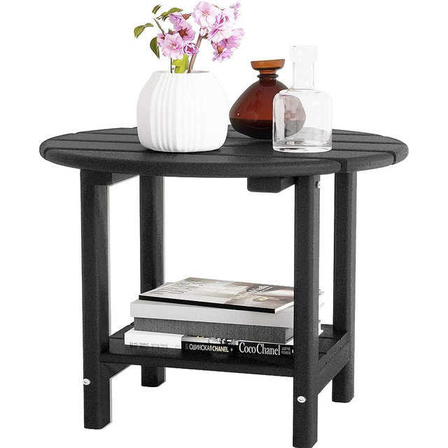 Sundale Outdoor 18" Round Small Side Table, Patio Water Proof Adirondack End Table HDPE Water Resistant 2 Tier Round Outside Table for Pool, Garden, Beach, Black