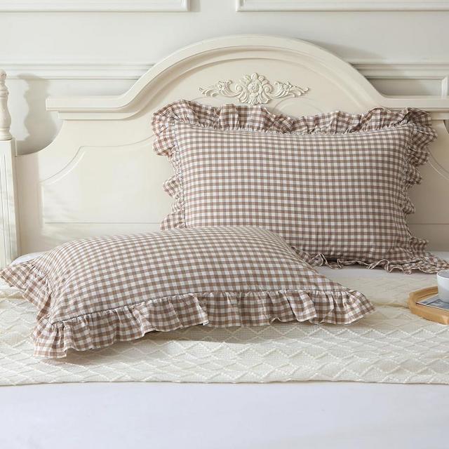 Mywinlle Taupe/White Plaid Ruffle Pillowcases Farmhouse Standard Size Pillow Shams,Shabby Checkered Gingham Pillow Cover Washed Cotton Pillow Cases Set of 2 (20"x26",Taupe/White Plaid
