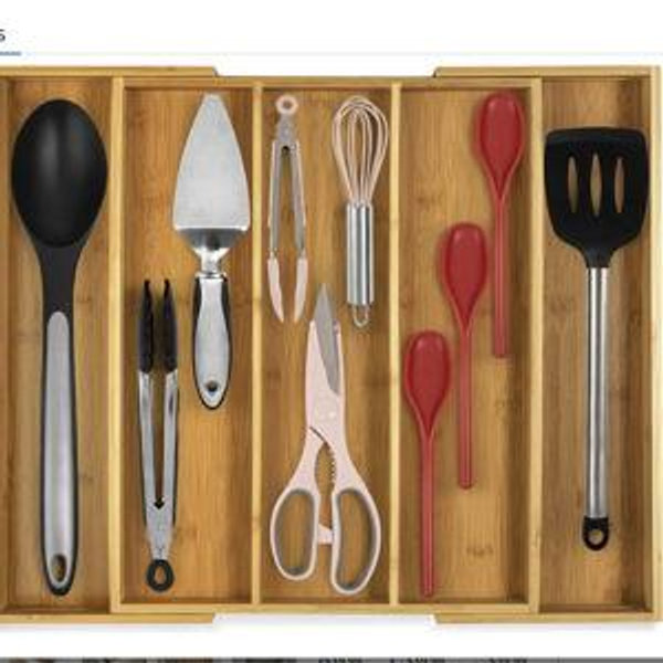 Purawood Kitchen Drawer Organizer - Expandable Utensil Drawer Organizer for Kitchen, Cutlery Tray & Silverware Organizer, 3-5 Slots - Bamboo Organizer for Utensils & Flatware (Natural)