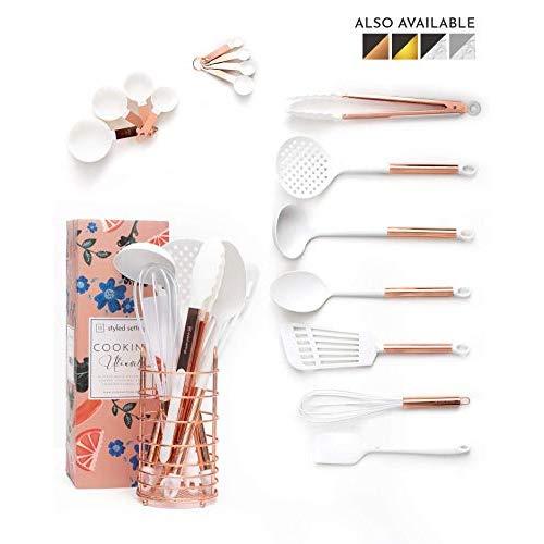 White and Rose Gold Cooking Utensils Set with Holder - 16-Piece Kitchen Utensil Set with Holder Includes White and Copper Measuring Cups and Spoons : Rose Gold Utensil Holder