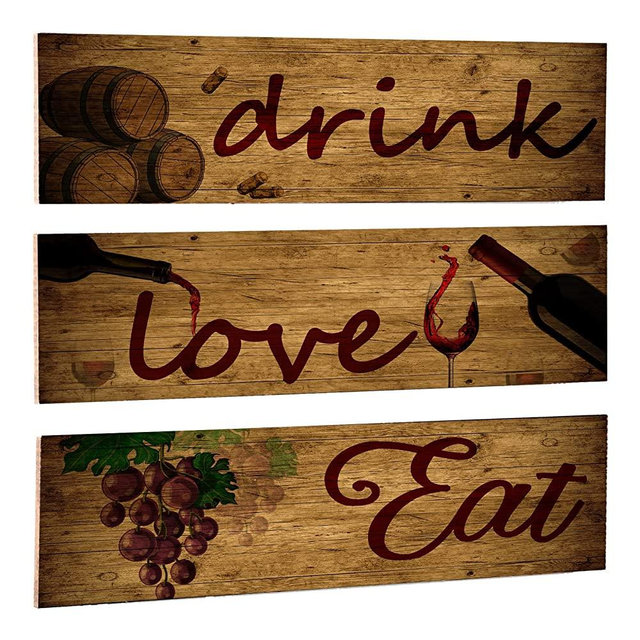 3 Pieces Red Wine Wall Art Wooden Barrel Wall Plaque Love,Eat ,Drink Wood Signs Food Kitchen Decor Fruit Grape Wall Decor Retro Wine Cup /Bottle Picture for Dining Room Wine Cellar Artwork (Black)