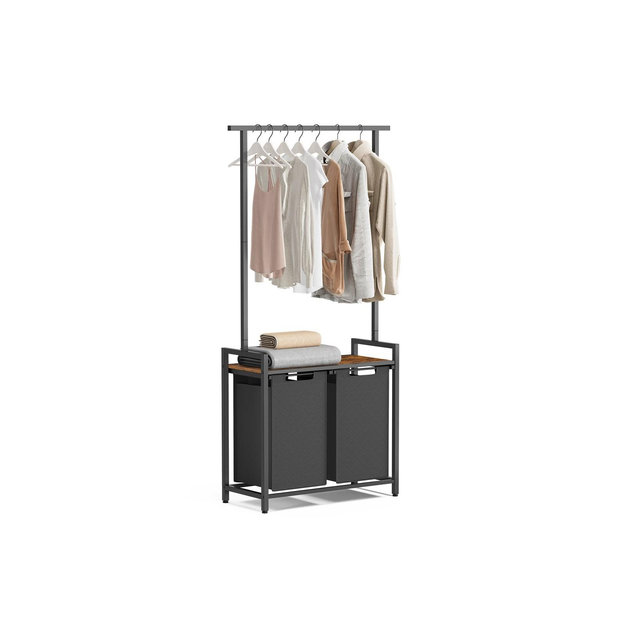 VASAGLE Clothes Rack with Laundry Hamper Removable Laundry Basket with Shelf Rustic Brown and Black