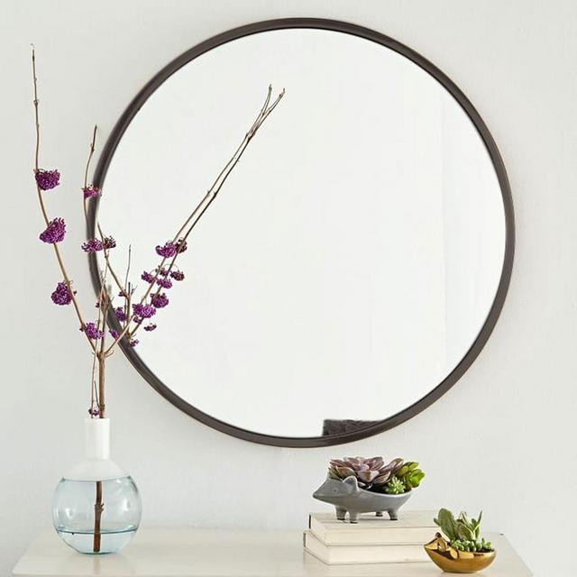 Metal Framed Round Mirror, Antiqued Bronze
