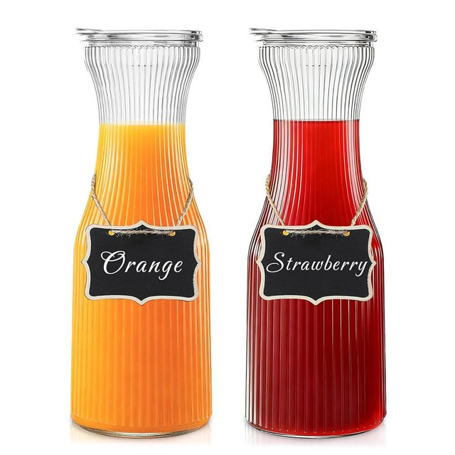 INSETLAN 1 Liter Ribbed Glass Carafe with Lid, Set of 2- Juice Carafe for Mimosa Bar, Brunch,Parties, Beverage Serveware, Cold Brew Coffee, Milk, Iced Tea, Lemonade -Includes 2 Wooden Chalkboard Label