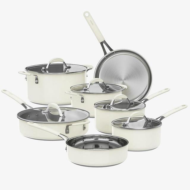 CAROTE 12Pcs Stainless Steel Cookware Set,Stainless Steel Pots and Pans Set with Tempered Glass Lids, Induction Kitchen Cookware Sets with Stay-Cool Handles,Includes Stockpot, White