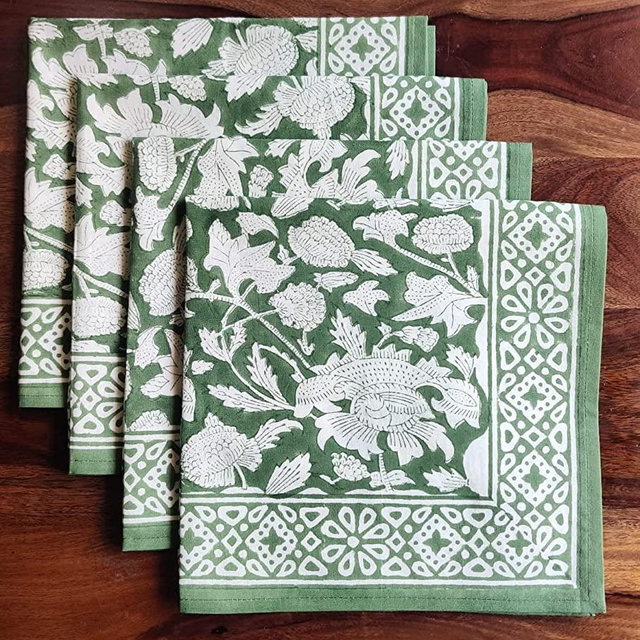 ATOSII Meraki Green Cloth Napkins, Handblock Print 100% Cotton Designer Set of 4 Table Linen, Perfect for Dinners, Weddings, Cocktail, Kitchen, Spring Summer 20" X 20" Inches