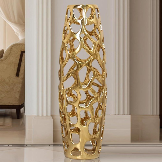 ARSTRIA Ceramic Vase Large Floor Vase Handmade Ceramic Flower Holder Hand Carved Sophisticated Vessel for Decorative Branches and Dried Flowers 24 Inches Gold