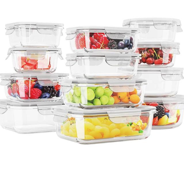 12 Sets Glass Food Storage Containers with Lids, Meal Prep Containers, Airtight Bento Boxes, BPA Free & Leak Proof, Pantry Kitchen Storage(12 lids & 12 Containers) - White