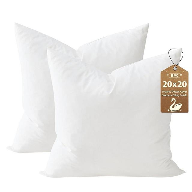 BPC 20x20 Down Feather Throw Pillow Inserts Set of 2, 100% Organic Cotton Cover, Soft Square Decorative Pillow for Sofa, Couch and Bed, White