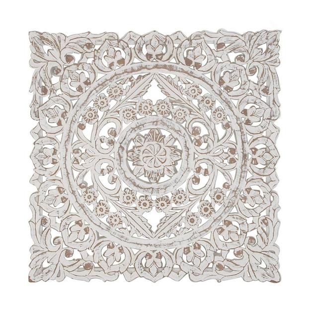 Wood Floral Handmade Intricately Carved Wall Decor with Mandala Design White - Olivia & May