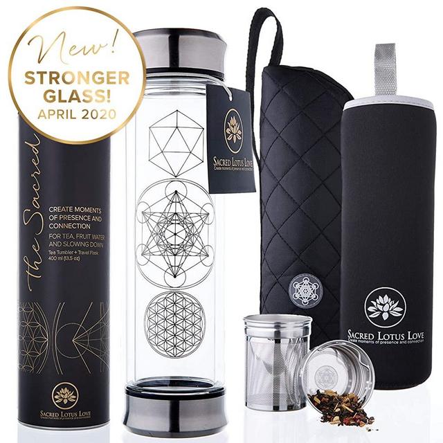 The Sacred Glass Tea Infuser Bottle + Strainer for Loose Leaf, Herbal, Green or Ice Tea. 415ml/14oz Cold Brew Coffee Mug + Fruit Infusions tumbler. Free Quilted and Neoprone Sleeves