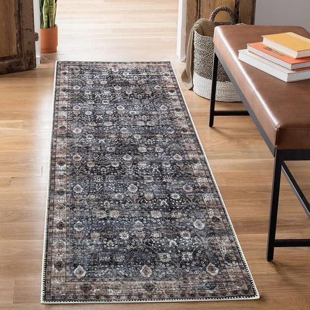 Bloom Rugs Washable Non-Slip 7 ft Runner - Black/Brown Traditional Runner for Entryway, Hallway, Bathroom, and Kitchen - Exact Size: 2.5' x 7'