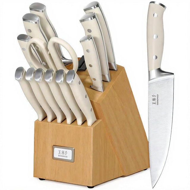 WANGMAZI Premium Chef Knife Set High Carbon Stainless Steel Ergonomic Triple Rivet Handle Sharp Knife Set for Kitchen Hundreds of Years of Masterful Craftsmanship(Ivory Pro,15PCS)