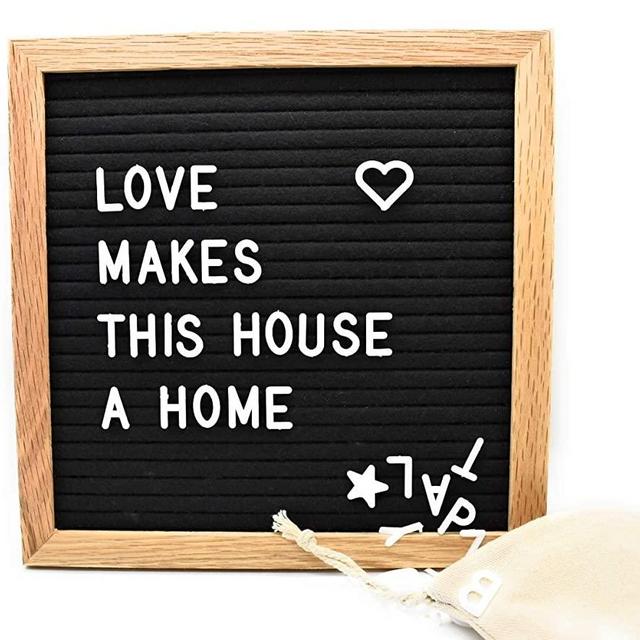 Felt Letter Board Message Sign - 10x10 Oak Wood Black Changeable Word Letterboard, Wall and Tabletop Display Decor. 340 Precut Changeable White, Letters, Symbols, Emojis, Storage Pouch