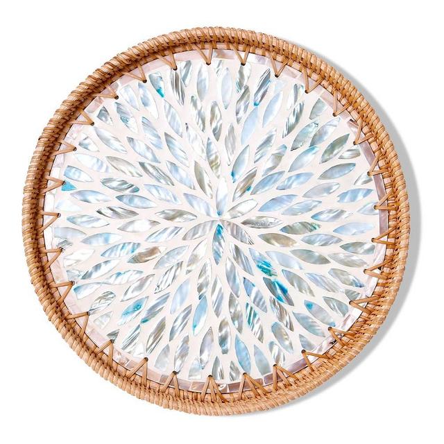 Round Rattan Tray with Mother of Pearl Inlay & Wooden Base - Decorative Wicker Serving Tray for Coffee/Bread/Fruits, Food Storage & Display - Multipurpose Home Decor (13.8" Colorful Leaves)