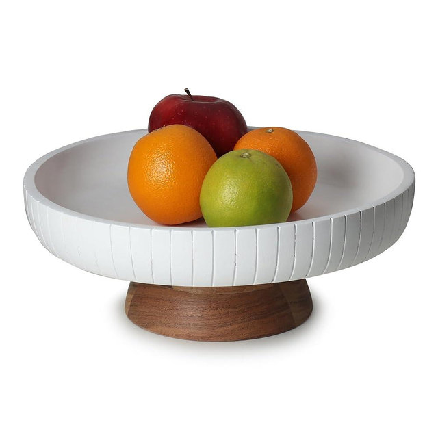 LAVAUK wooden fruit bowl with pedestal | 12" wide and 5" high | Pedestal made of sturdy acacia wood with natural finish |(White Glossy)