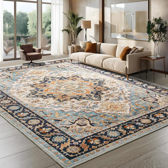 Foxmas 8x10 Area Rugs for Living Room, Machine Washable Vintage Rug, Non-Slip Low Pile Throw Rugs with Rubber Backing Washable Carpet for Bedroom Dining Room Kitchen Home Decor, Wood & Blue